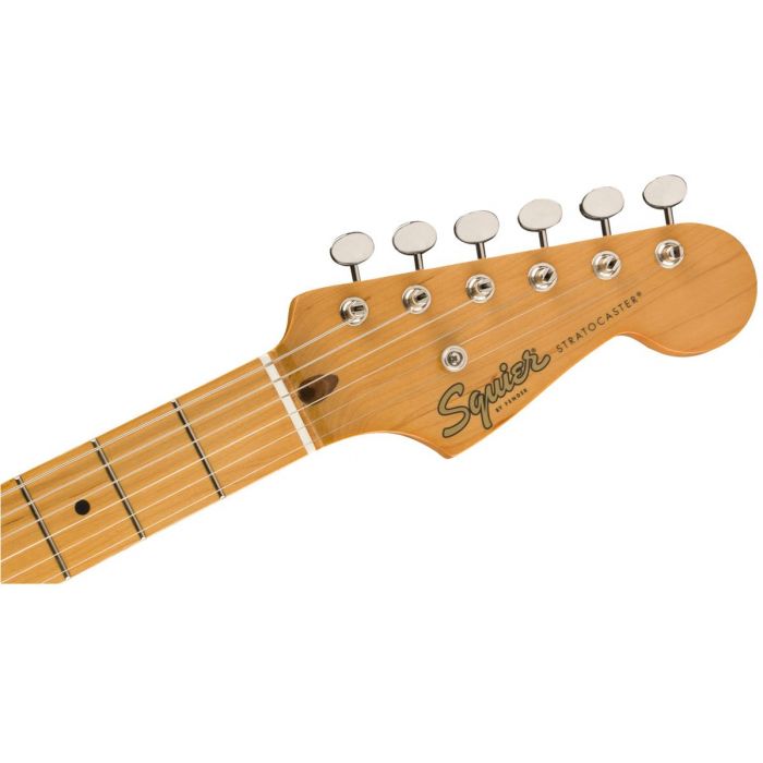 Front view of  the headstock on a Squier Classic Vibe 50s Stratocaster MN 2 Tone Sunburst