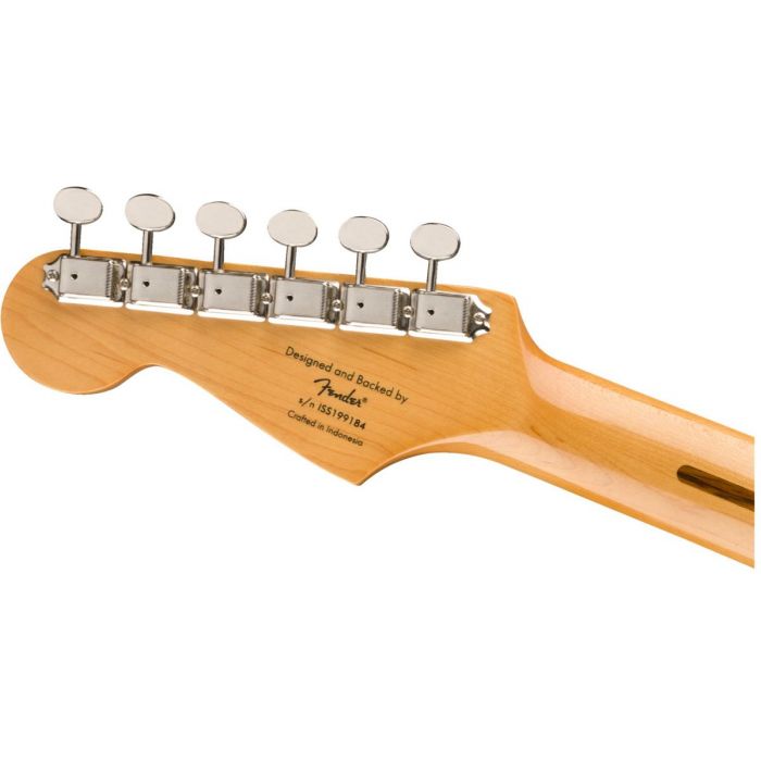Rear view of the headstock on a Squier Classic Vibe 50s Stratocaster MN 2 Tone Sunburst