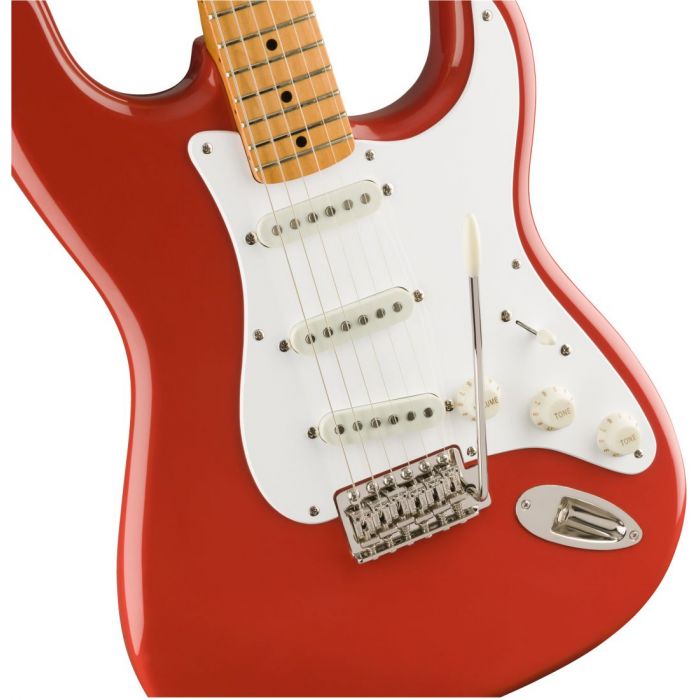 Closeup front view of a Squier Classic Vibe 50s Stratocaster MN Fiesta Red