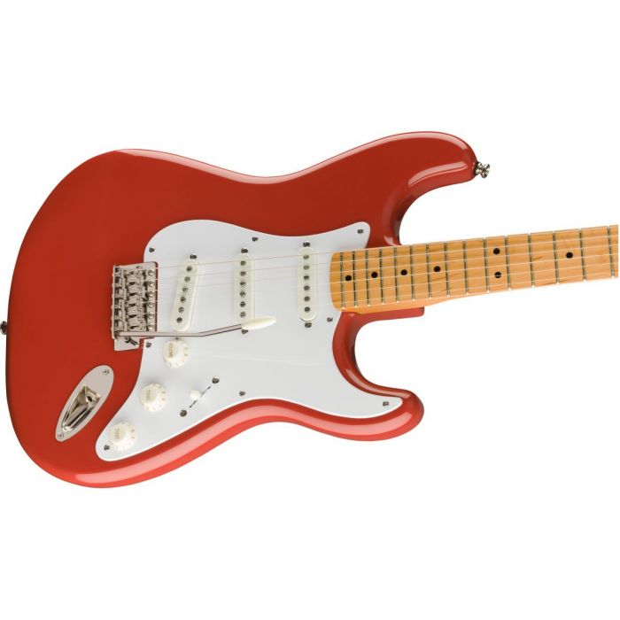 Front angled view of a Squier Classic Vibe 50s Stratocaster MN Fiesta Red