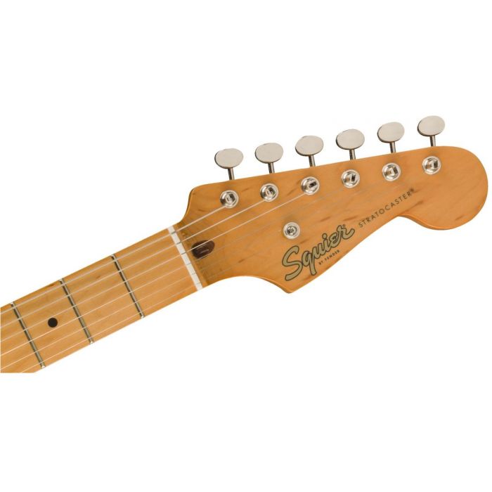 Front view of the headstock on a Squier Classic Vibe 50s Stratocaster MN Fiesta Red