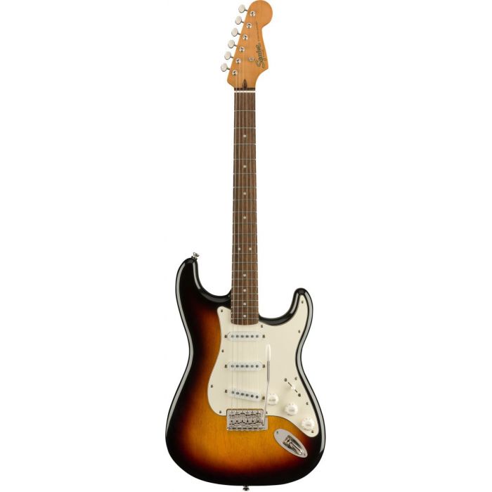 Full frontal view of a Squier Classic Vibe 60s Stratocaster Laurel 3 Tone Sunburst