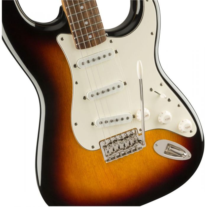 Front closeup view of a Squier Classic Vibe 60s Stratocaster Laurel 3 Tone Sunburst