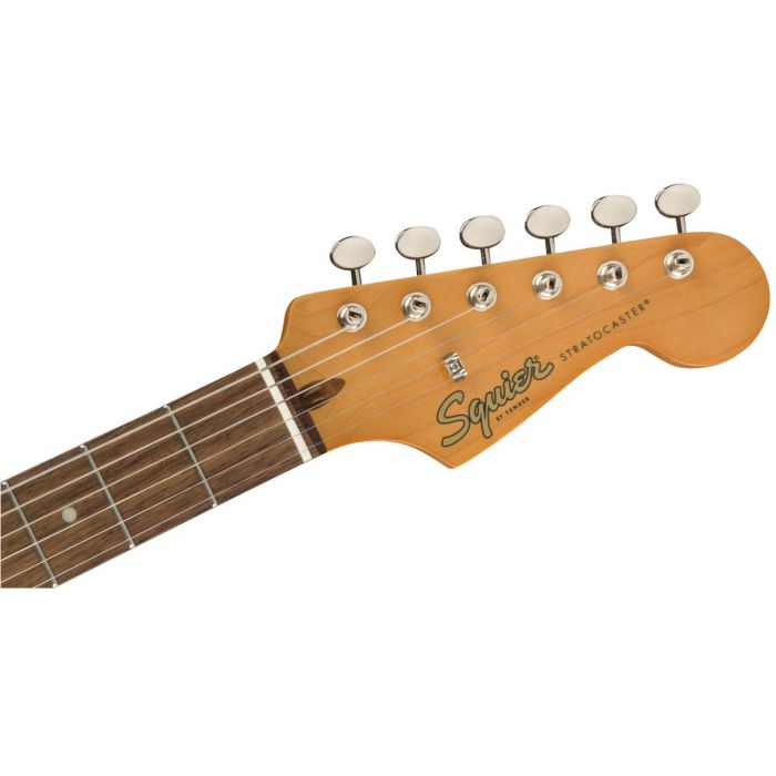 Front view of the headstock on a Squier Classic Vibe 60s Stratocaster Laurel 3 Tone Sunburst