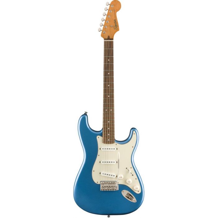 Full frontal view of a Squier Classic Vibe 60s Stratocaster Lake Placid Blue