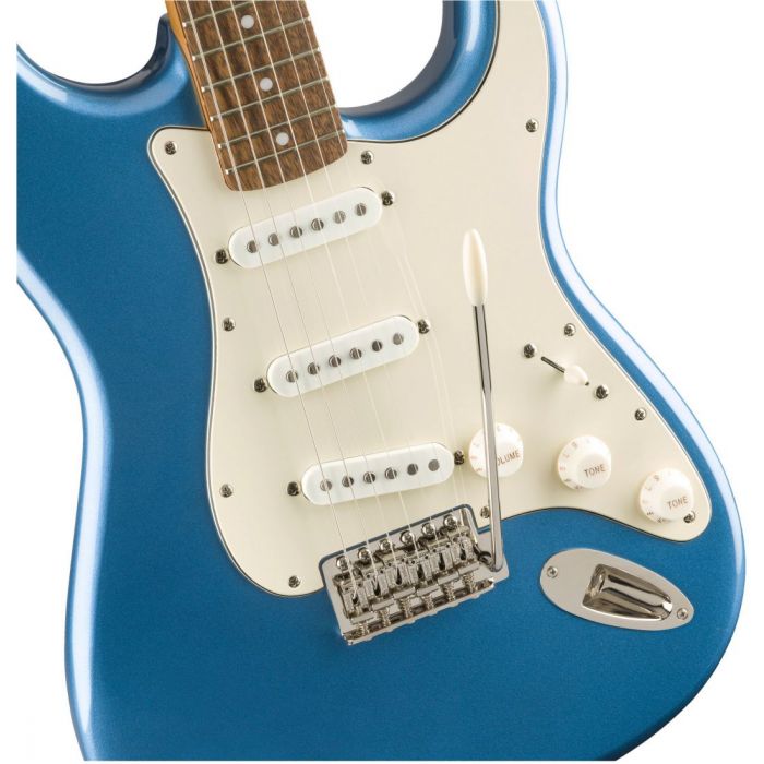 Closeup front view of a Squier Classic Vibe 60s Stratocaster Lake Placid Blue