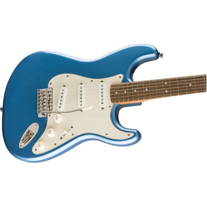 Front angled view of a Squier Classic Vibe 60s Stratocaster Lake Placid Blue