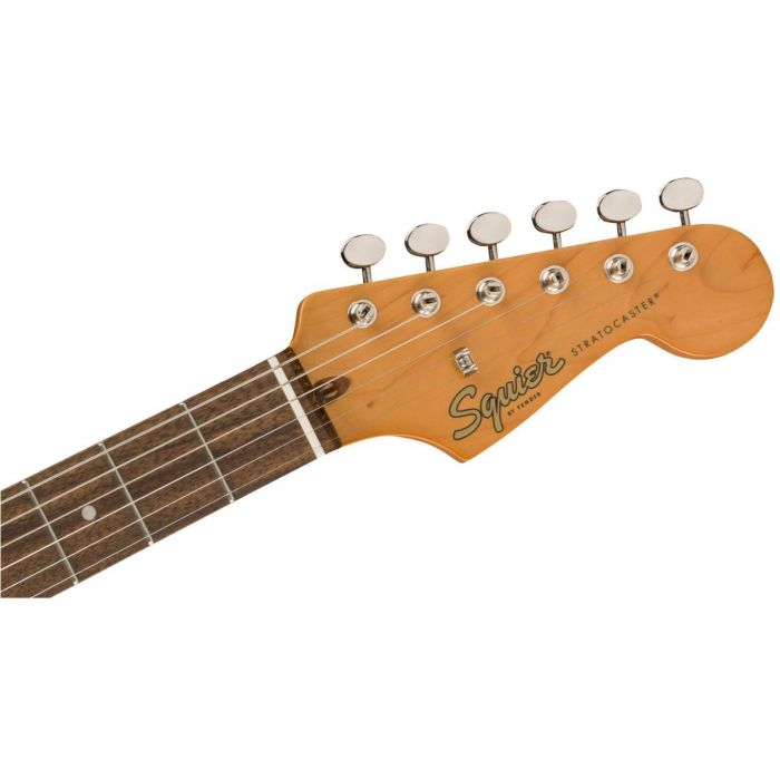 Front view of the headstock on a Squier Classic Vibe 60s Stratocaster Lake Placid Blue