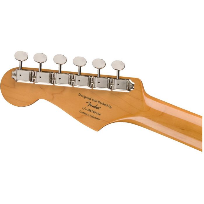 Rear headstock view of a Squier Classic Vibe 60s Stratocaster Lake Placid Blue