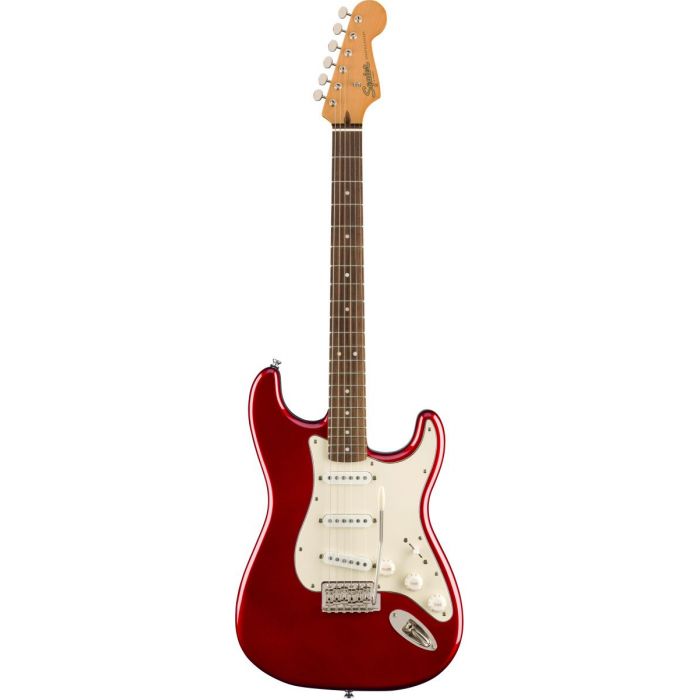Full frontal view of a Squier Classic Vibe 60s Stratocaster Candy Apple Red