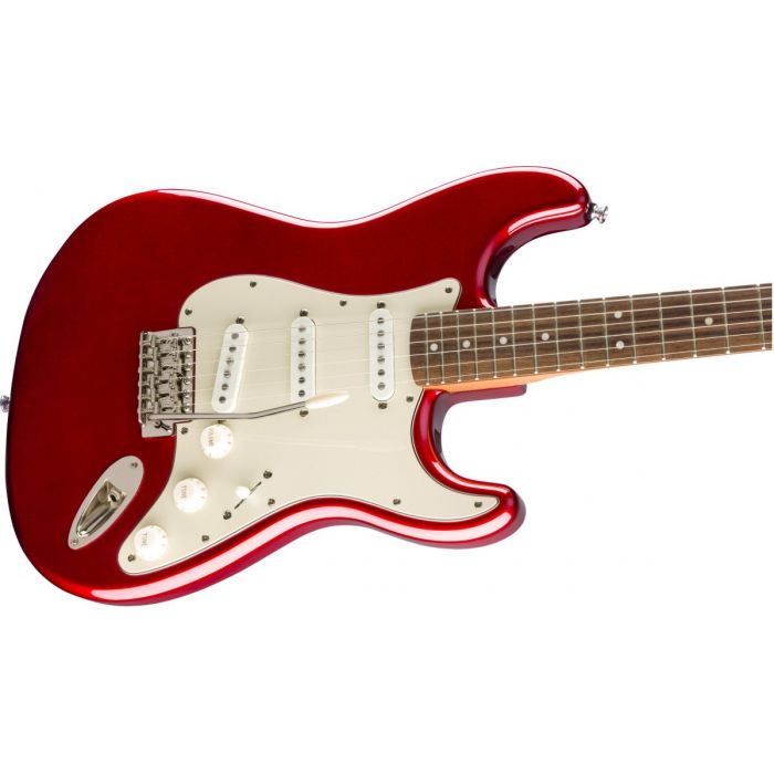 Front angled view of a Squier Classic Vibe 60s Stratocaster Candy Apple Red