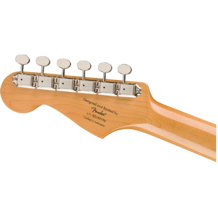 Rear view of the headstock on a Squier Classic Vibe 60s Stratocaster Candy Apple Red