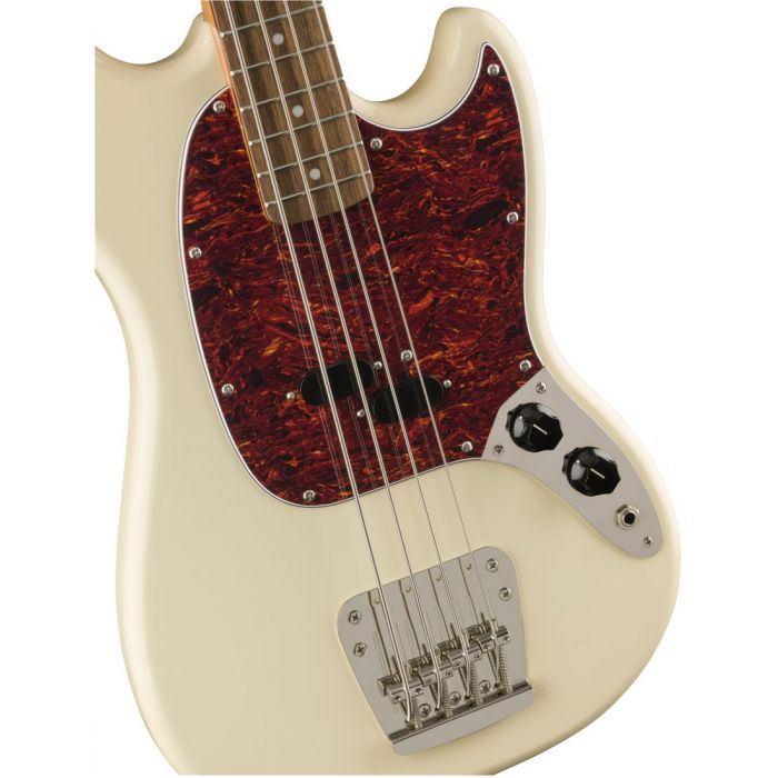Closeup front view of a Squier Classic Vibe 60s Mustang Bass Olympic White