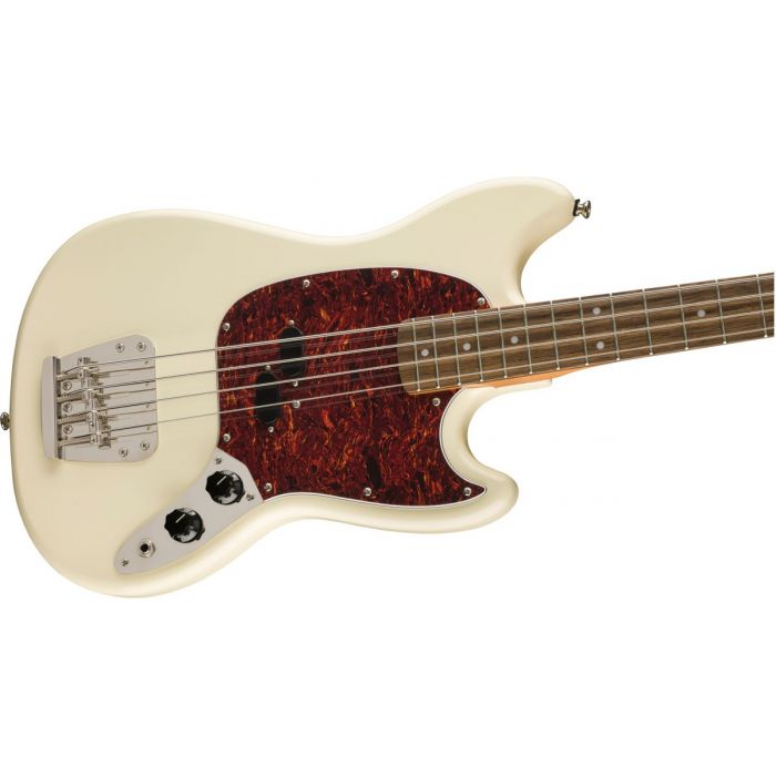 Front angled view of a Squier Classic Vibe 60s Mustang Bass Olympic White