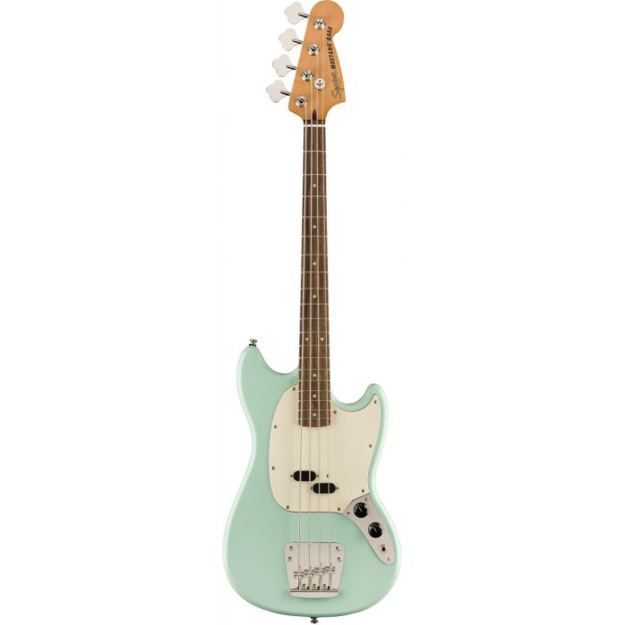 Full frontal view of a Squier Classic Vibe 60s Mustang Bass Surf Green