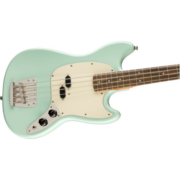 Front angled view of a Squier Classic Vibe 60s Mustang Bass Surf Green