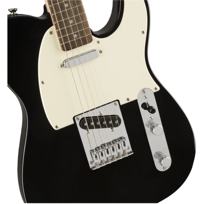Front closeup view of a Squier Bullet Telecaster IL Black Guitar