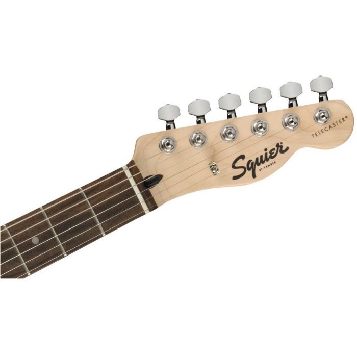 Front view of the headstock on a Squier Bullet Telecaster IL Black Guitar