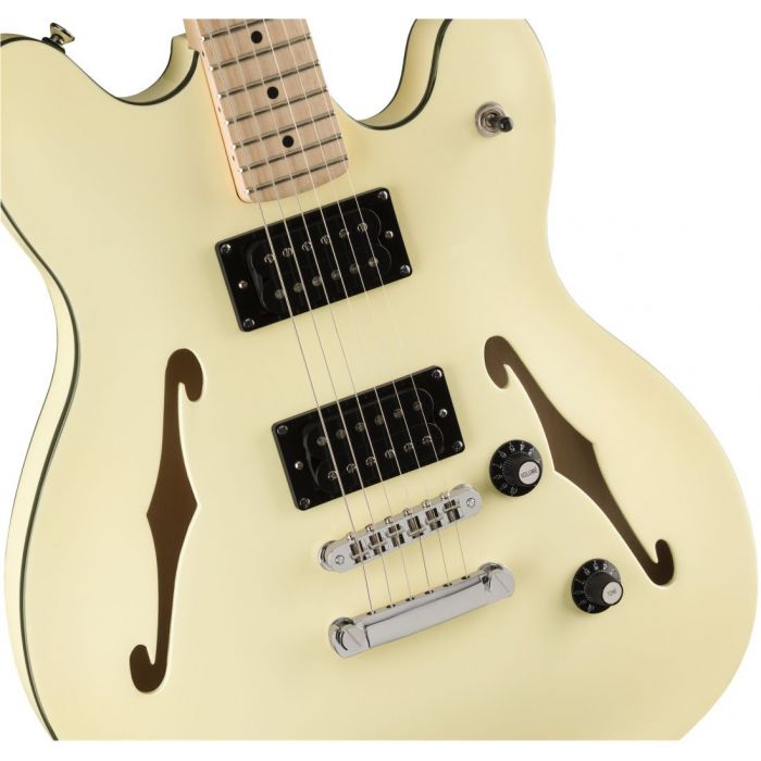 Front closeup view of a Squier Affinity Starcaster MN Olympic White