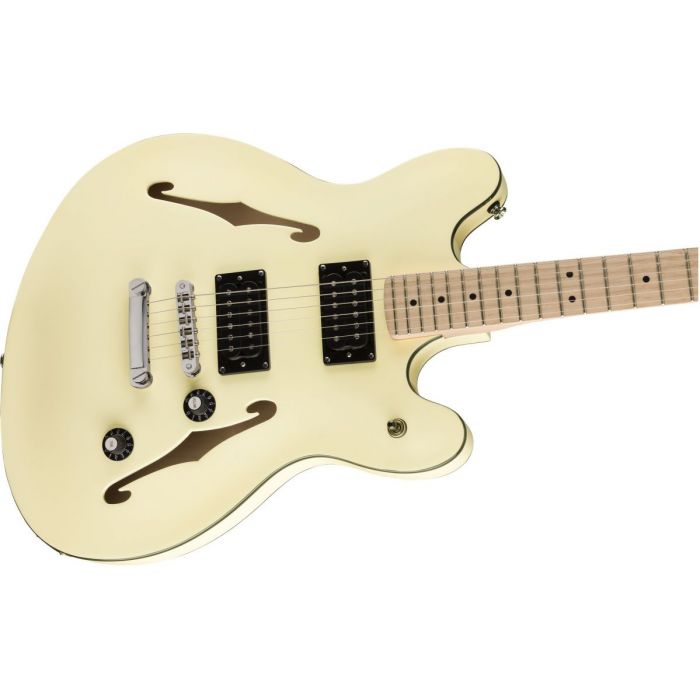 Front angled view of a Squier Affinity Starcaster MN Olympic White
