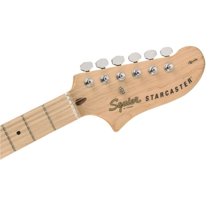 Front view of the headstock on a Squier Affinity Starcaster MN Olympic White