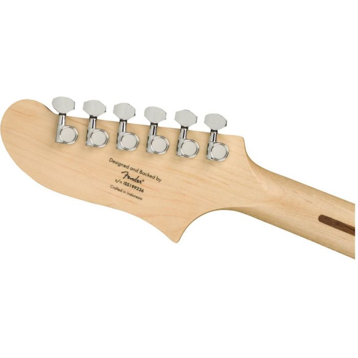 Rear view of the headstock on a Squier Affinity Starcaster MN Olympic White