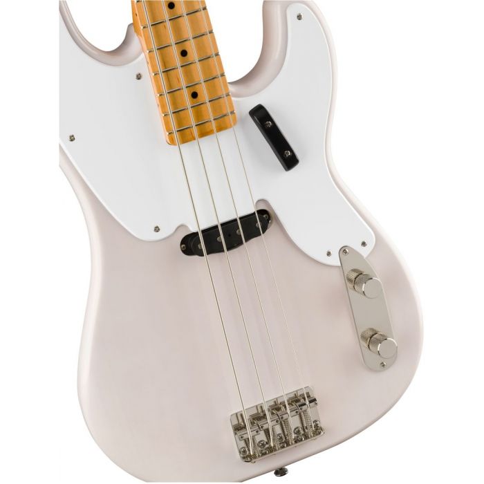 Front closeup view of a Squier Classic Vibe 50s Precision Bass MN White Blonde