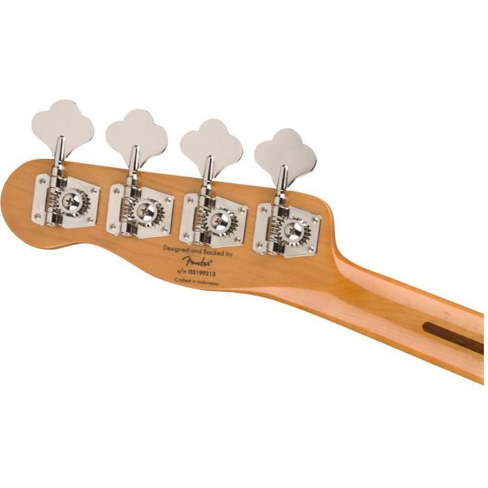 Rear view of the headstock on a Squier Classic Vibe 50s Precision Bass MN White Blonde