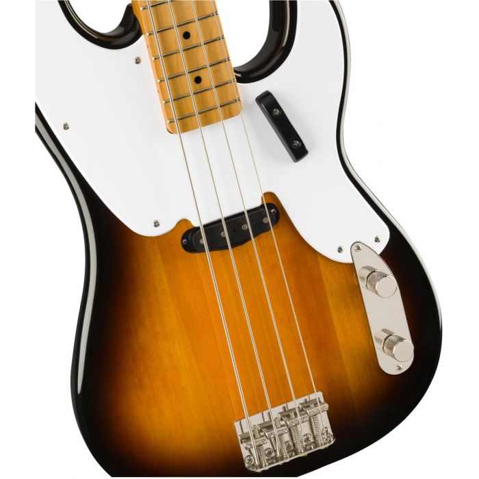 Closeup front view of a Squier Classic Vibe 50s Precision Bass MN 2 Tone Sunburst