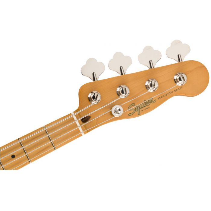 Front view of the headstock on a Squier Classic Vibe 50s Precision Bass MN 2 Tone Sunburst
