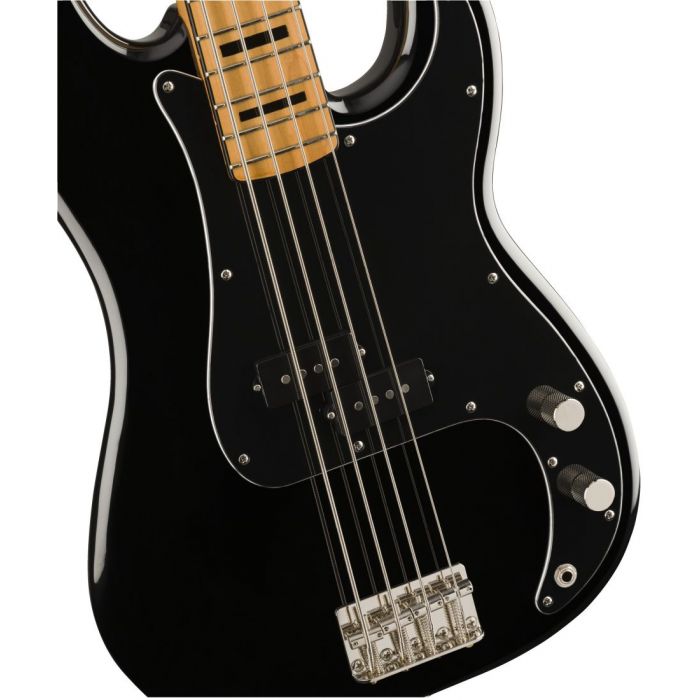 Front closeup view of a Squier Classic Vibs 70s Precision Bass MN Black