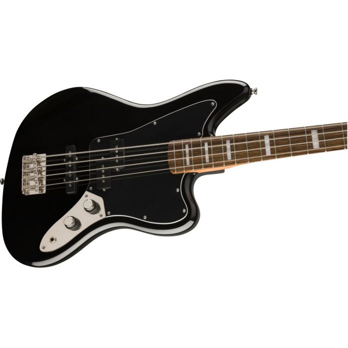 Front angled view of a Squier Classic Vibe Jaguar Bass Laurel Black