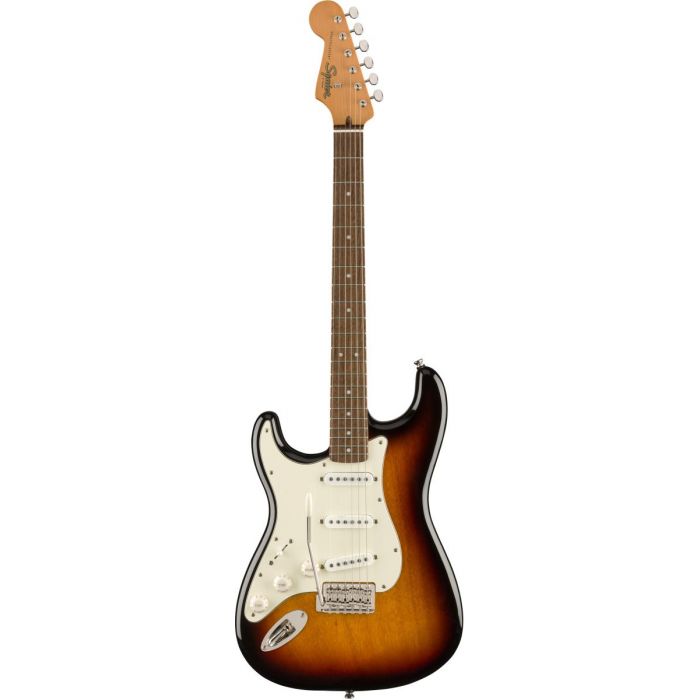Full frontal view of a Squier Classic Vibe 60s Stratocaster LH IL 3 Tone Sunburst