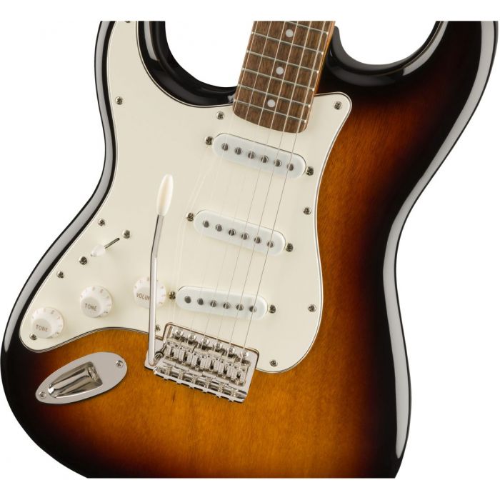 Front closeup view of a Squier Classic Vibe 60s Stratocaster LH IL 3 Tone Sunburst
