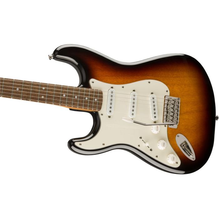 Front angled view of a Squier Classic Vibe 60s Stratocaster LH IL 3 Tone Sunburst