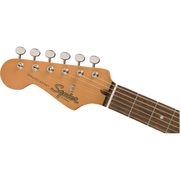Front view of the headstock on a Squier Classic Vibe 60s Stratocaster LH IL 3 Tone Sunburst