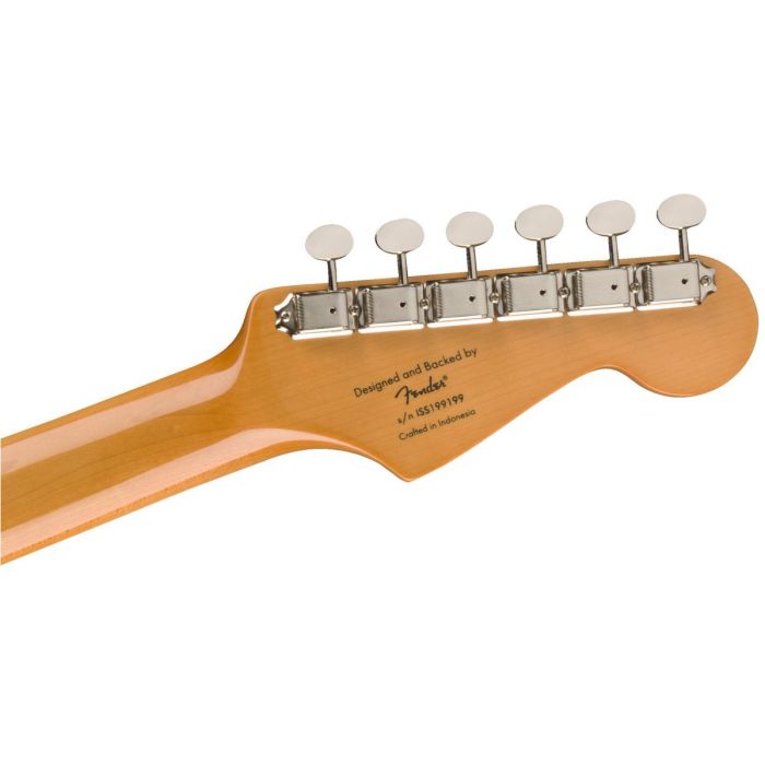 Rear view of the headstock on a Squier Classic Vibe 60s Stratocaster LH IL 3 Tone Sunburst