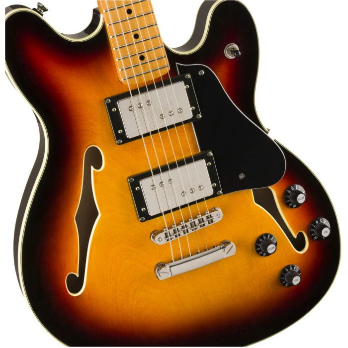 Front closeup view of a Squier Classic Vibe Starcaster MN 3-Tone Sunburst
