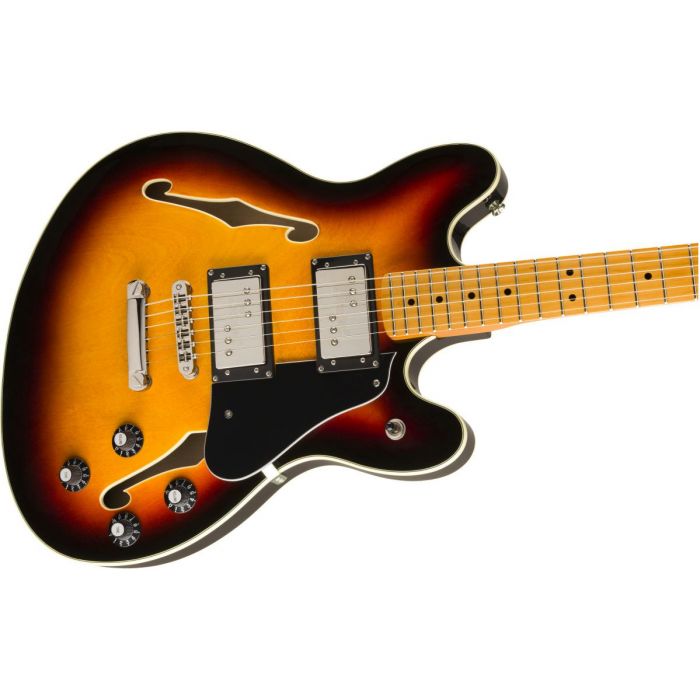 Front angled view of a Squier Classic Vibe Starcaster MN 3-Tone Sunburst