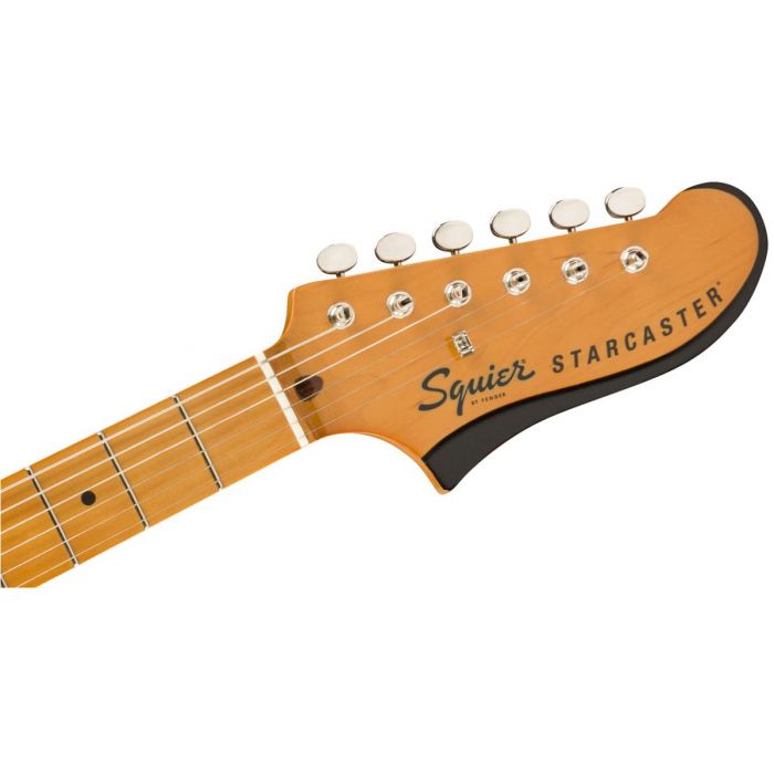 Front view of the headstock on a Squier Classic Vibe Starcaster MN 3-Tone Sunburst