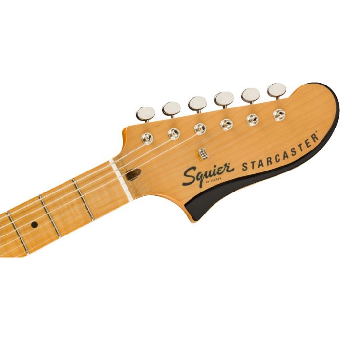 Front view of the headstock on a Squier Classic Vibe Starcaster MN Natural Finish