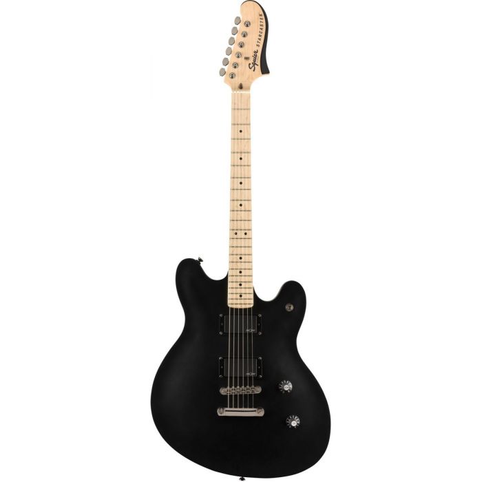 Full frontal view of a Squier Contemporary Active Starcaster MN Flat Black