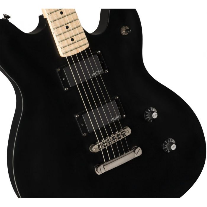 Closeup front view of a Squier Contemporary Active Starcaster MN Flat Black