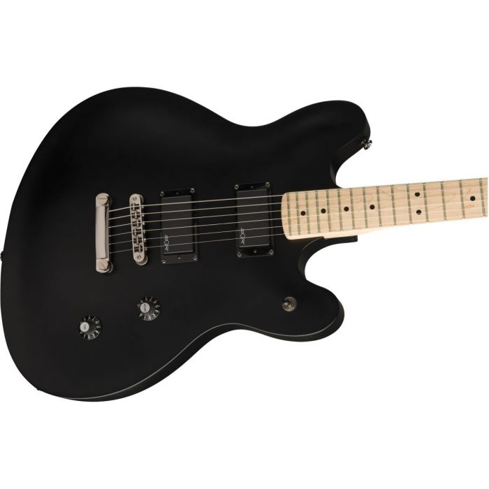 Front angled view of a Squier Contemporary Active Starcaster MN Flat Black