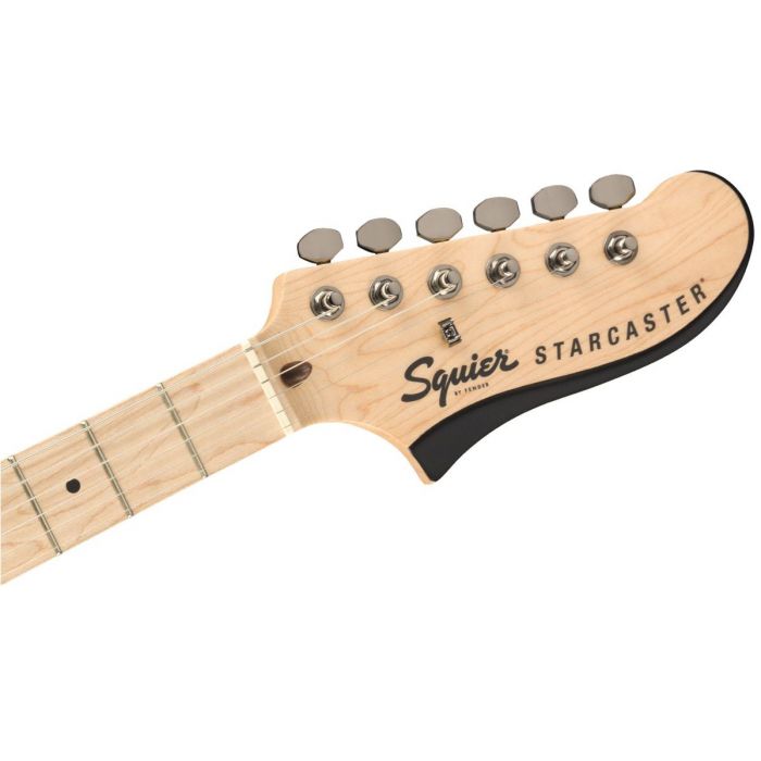 Front view of the headstock on a Squier Contemporary Active Starcaster MN Flat Black