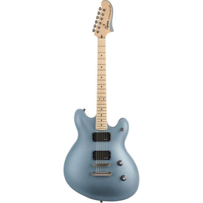 Full frontal view of a Squier Contemporary Actove Starcaster MN Ice Blue Metallic