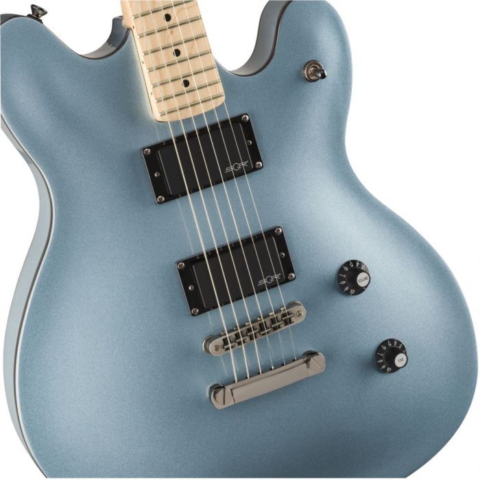 Front closeup view of a Squier Contemporary Actove Starcaster MN Ice Blue Metallic