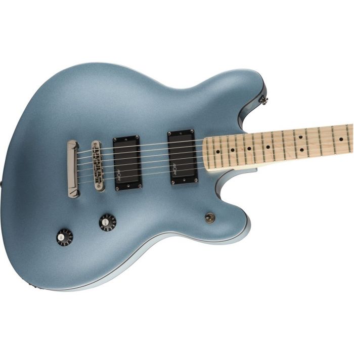 Front angled view of a Squier Contemporary Actove Starcaster MN Ice Blue Metallic