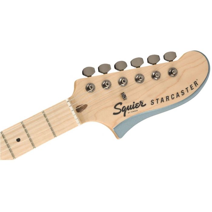 Front view of the headstock on a Squier Contemporary Actove Starcaster MN Ice Blue Metallic