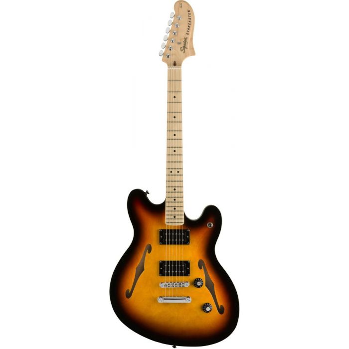 Full frontal view of a Squier Affinity Starcaster MN 3 Tone Sunburst